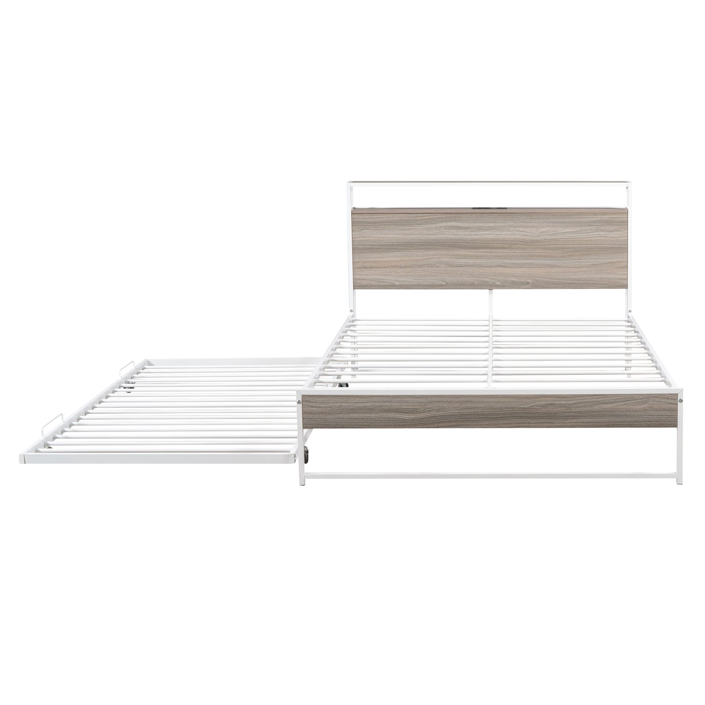 Full Size Metal Platform Bed Frame with Trundle, USB Ports and Slat Support No Box Spring Needed White