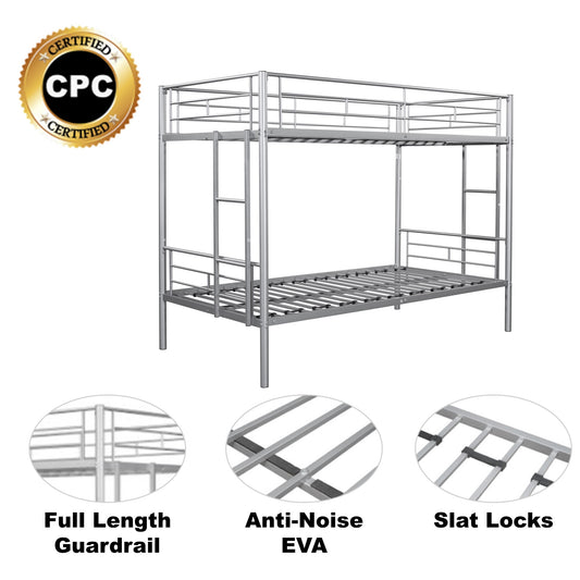 Metal bunk bed/sturdy/noise reduction/2 side ladders/safety guardrails/CPC certification/no spring box required (Silver)