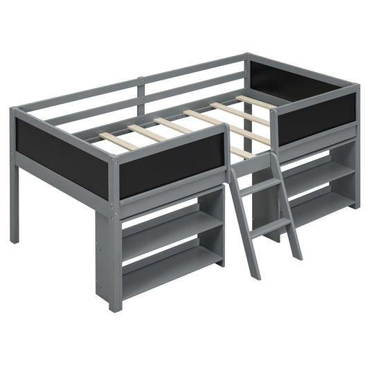 Twin Size Low Loft Bed with Two Movable Shelves and Ladder,with Decorative Guardrail Chalkboard,Gray