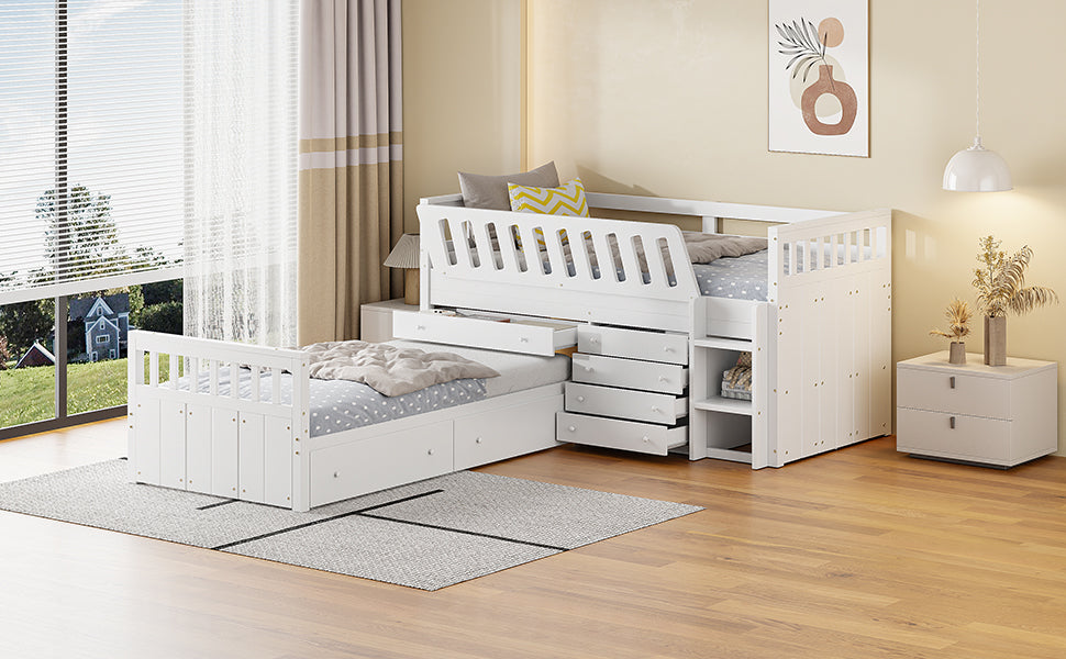 L-shaped Space-Saving Twin Loft and Twin Platform Bed with 7 Drawers and Full Guardrails(WHITE)