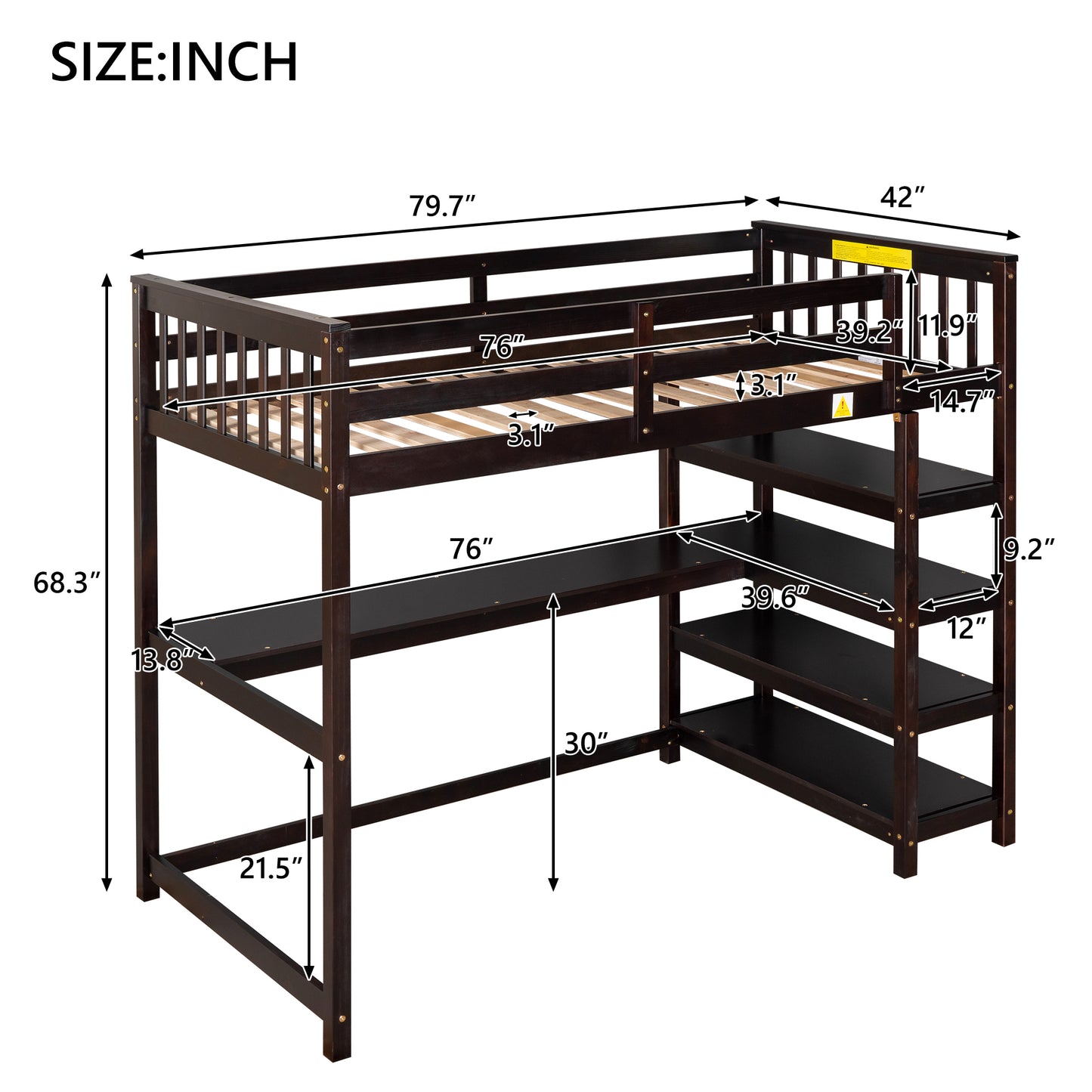 Twin Size Loft Bed with Storage Shelves and Under-bed Desk  Espresso