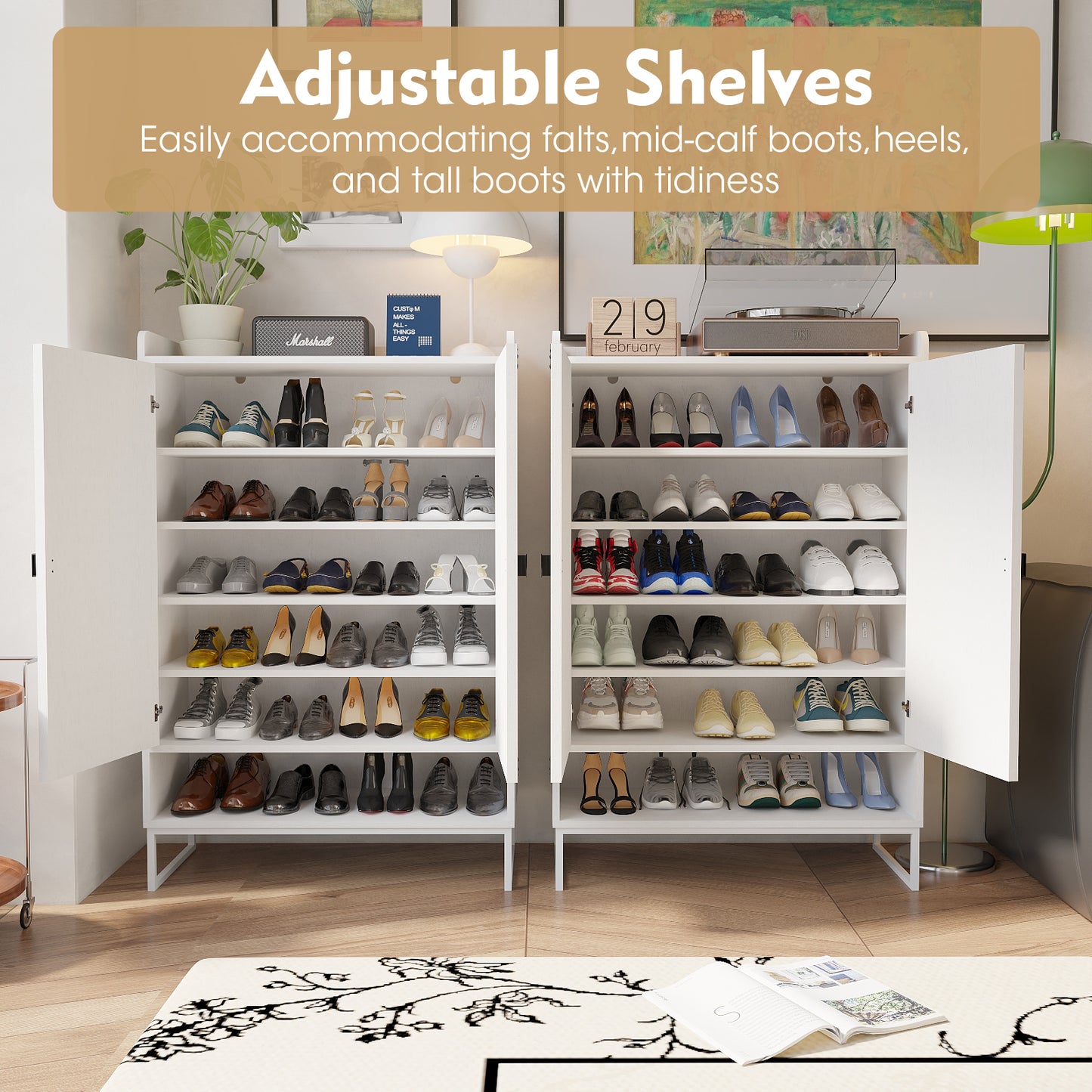 Shoe Cabinet with Doors, 6-Tier Storage with Adjustable Shelves, Wooden Shoe Rack Organizer