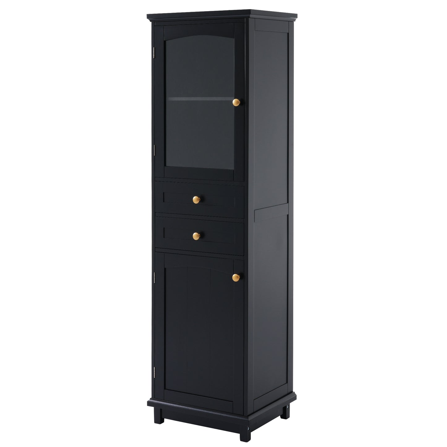 Tall Bathroom Storage Cabinet with Glass Doors, Free-Standing, Two Drawers, and Adjustable Shelves, MDF Board, Painted Black