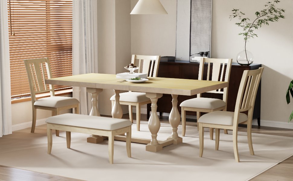 Traditional 6-Piece Trestle Extendable Dining Table Set with Removable Leaf, Padded Chairs, and Bench, Natural Finish