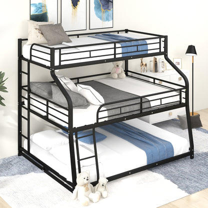 Twin XL/Full XL/Queen Triple Bunk Bed with Long and Short Ladder and Full-Length Guardrails Black