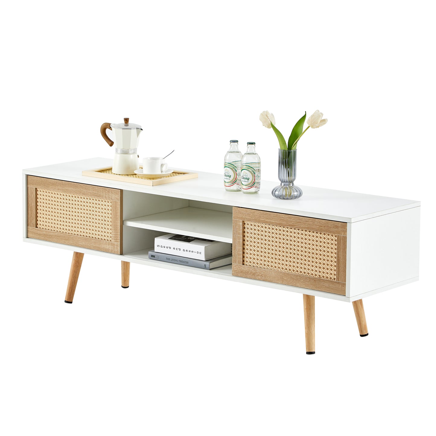 Rattan TV cabinet double sliding doors for storage adjustable shelf solid wood legs TV console for living room White