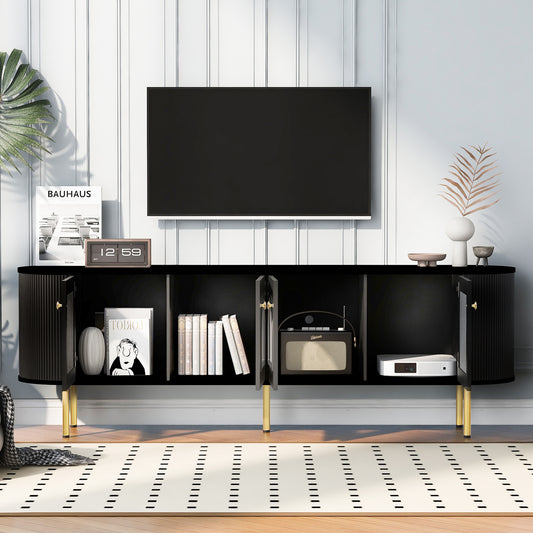 U-Can Modern TV Stand for TVs up to 80 Inches with 4 Cabinets with Metal Legs and Handles for Living room, Black