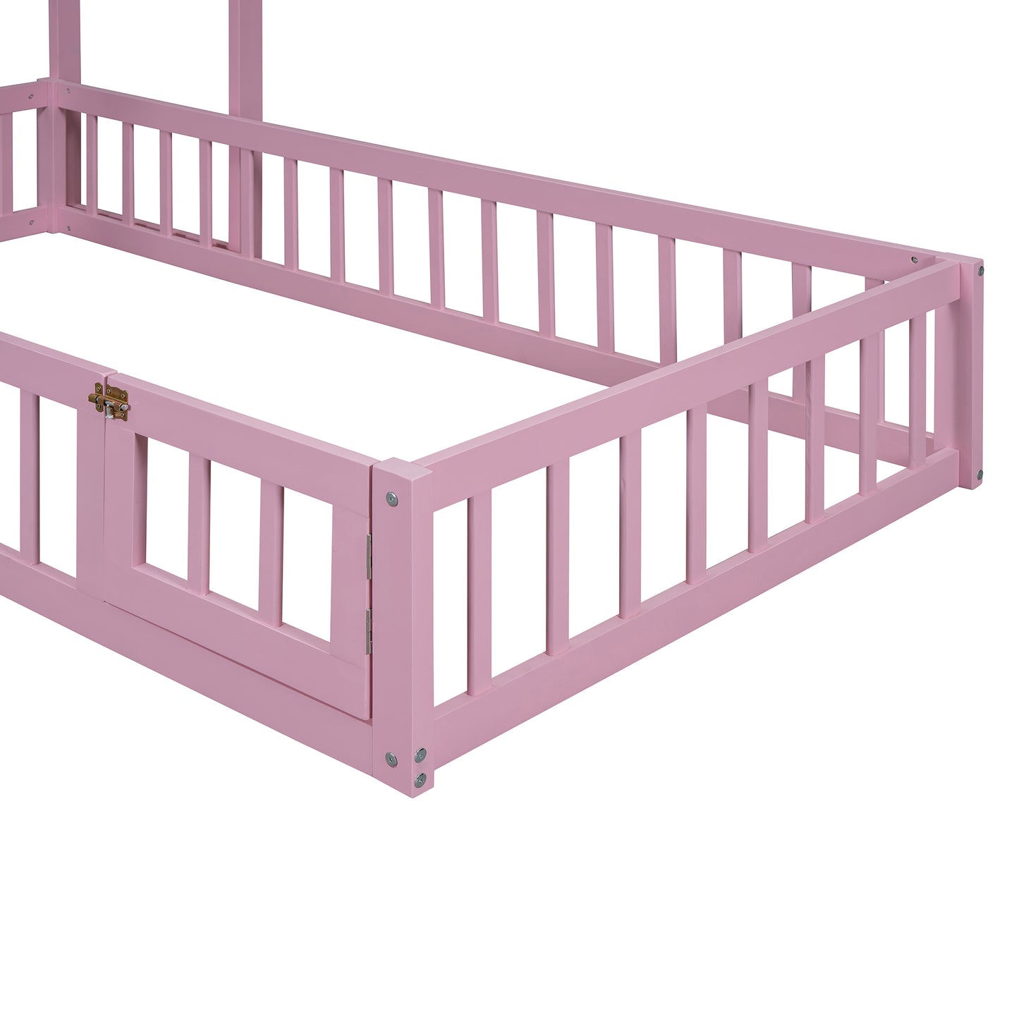 Wooden Twin Size Children's Bed with Detachable Headboard and Integrated Clothes Drying Rack, Pink