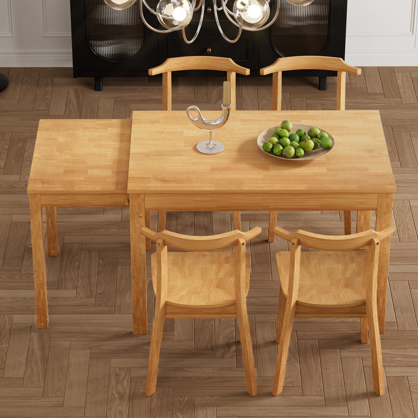 TOPMAX 65" 5-Piece Dining Set with Wheels, Expandable Table, and 4 Small Chairs, Natural Finish