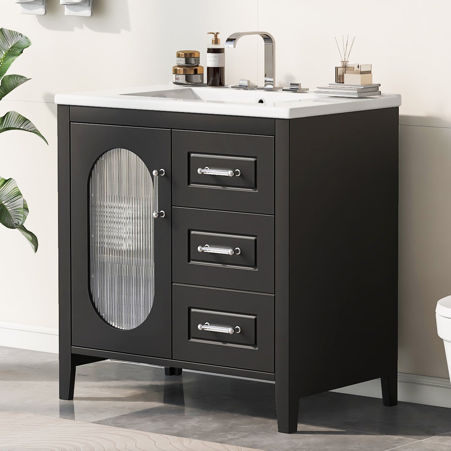 Bathroom Vanity with Sink, Bathroom Vanity Cabinet with Two Drawers and Door, Adjustable Shelf, Solid Wood and MDF, Black