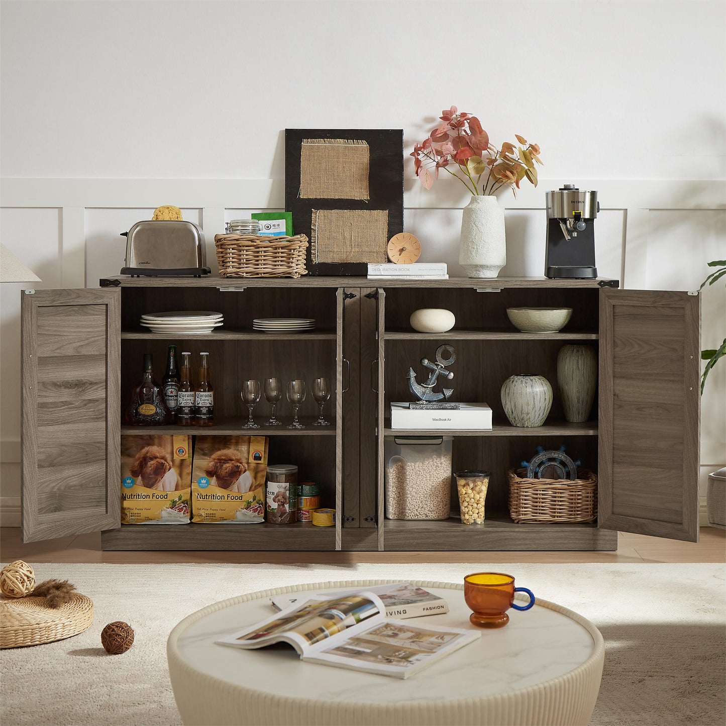 65-Inch Slate Gray Faux Rattan Sideboard with Barn Doors, 4-Door Storage for Living Rooms and Bedrooms