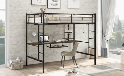 Loft Bed with Desk and Shelf, Space-Saving Design in Full Black Finish