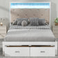 Wood Full Size Platform Bed with Upholstered Headboard and LED and 2 Drawers, Antique White