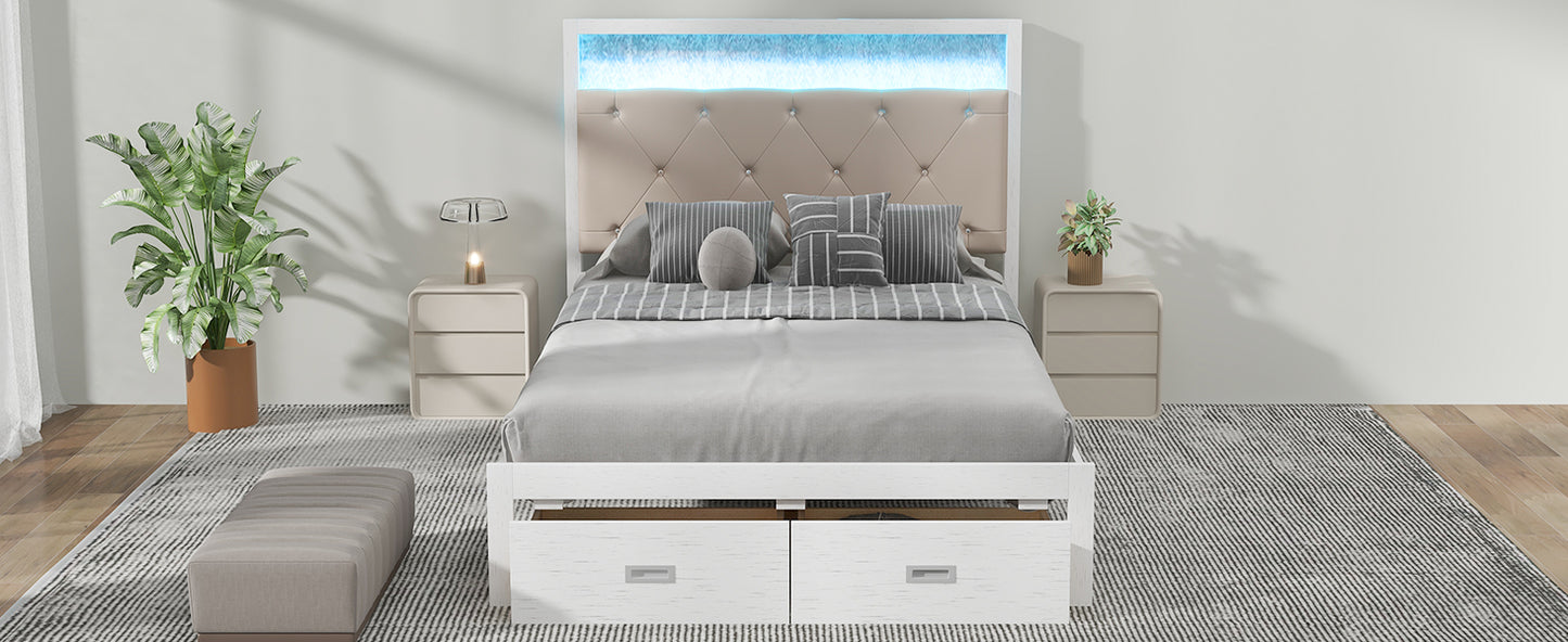 Wood Full Size Platform Bed with Upholstered Headboard and LED and 2 Drawers, Antique White