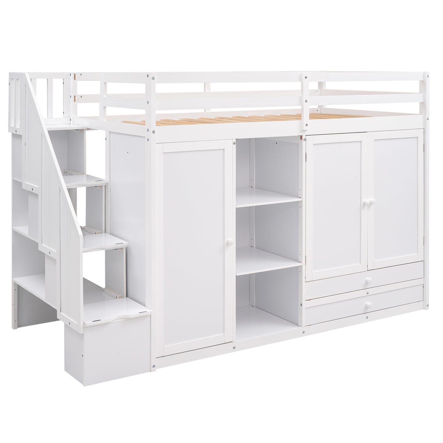 Functional Loft Bed with 3 Shelves, 2 Wardrobes and 2 Drawers, Ladder with Storage, No Box Spring Needed, White