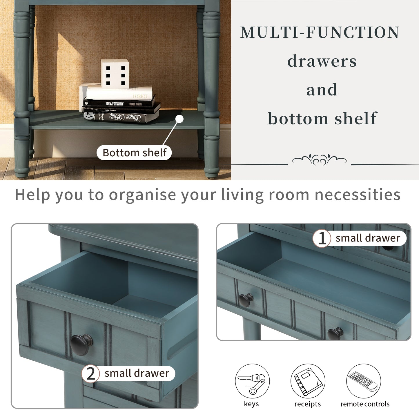 TREXM Narrow Console Table, Slim Sofa Table with 3 Storage Drawers and Bottom Shelf, Navy Finish