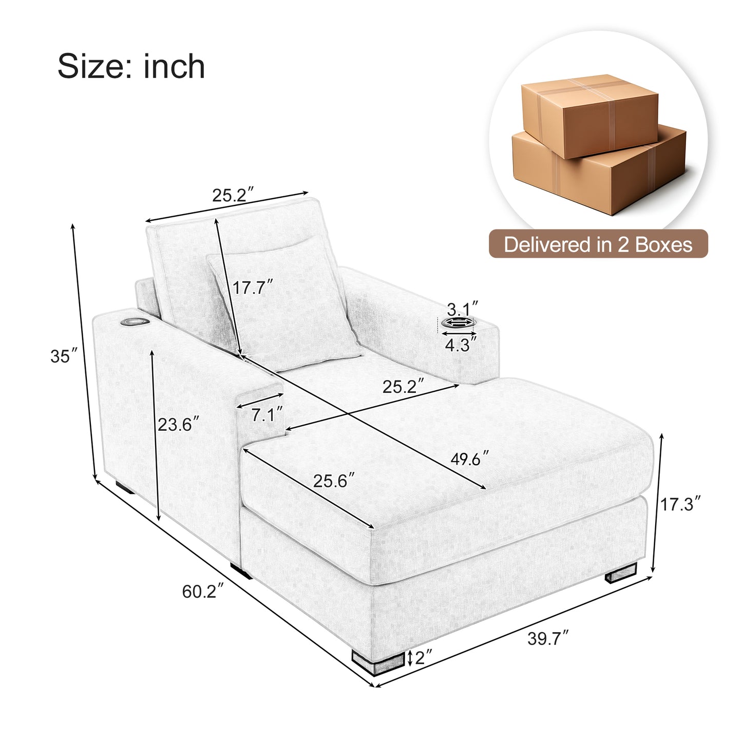 39.7" Oversized Chaise Lounger with Pillows, Charge Station, and Cup Holders, Chenille Fabric in Cream