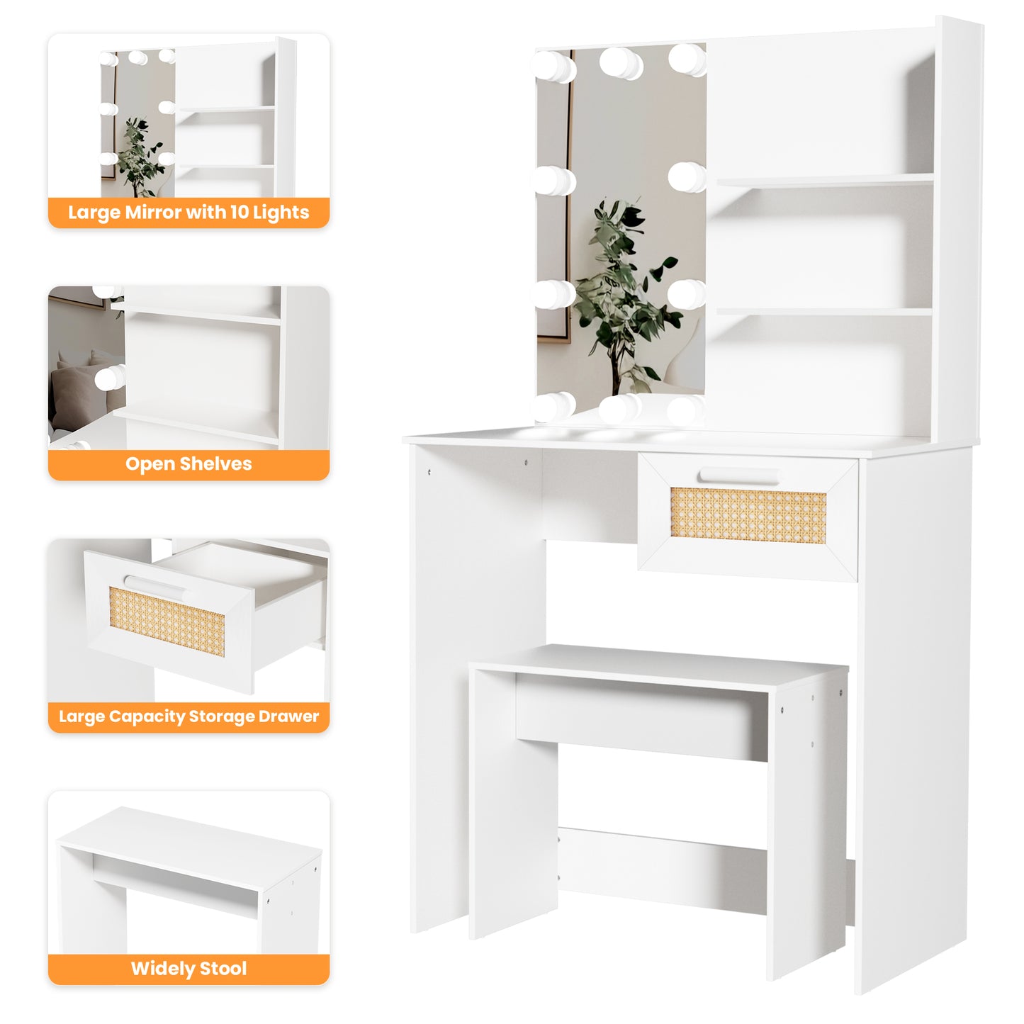 Vanity Desk Set Stool & Dressing Table with LED Lighting Mirror Drawer and Wood Cosmetic Table Chest of Drawers White Color