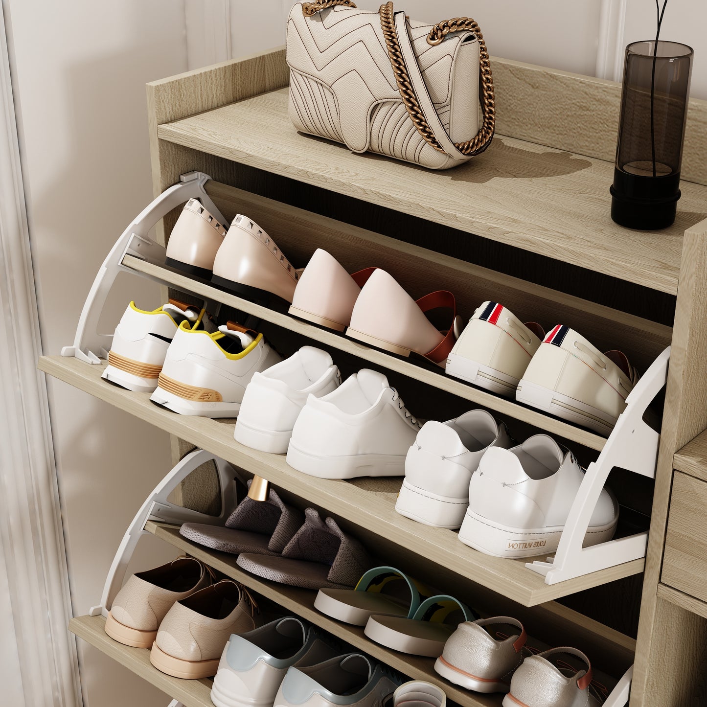 Natural Bohemian style shoe cabinet with 3 rattan flip drawers, 3 square shelves, and 1 storage drawer,  Natural