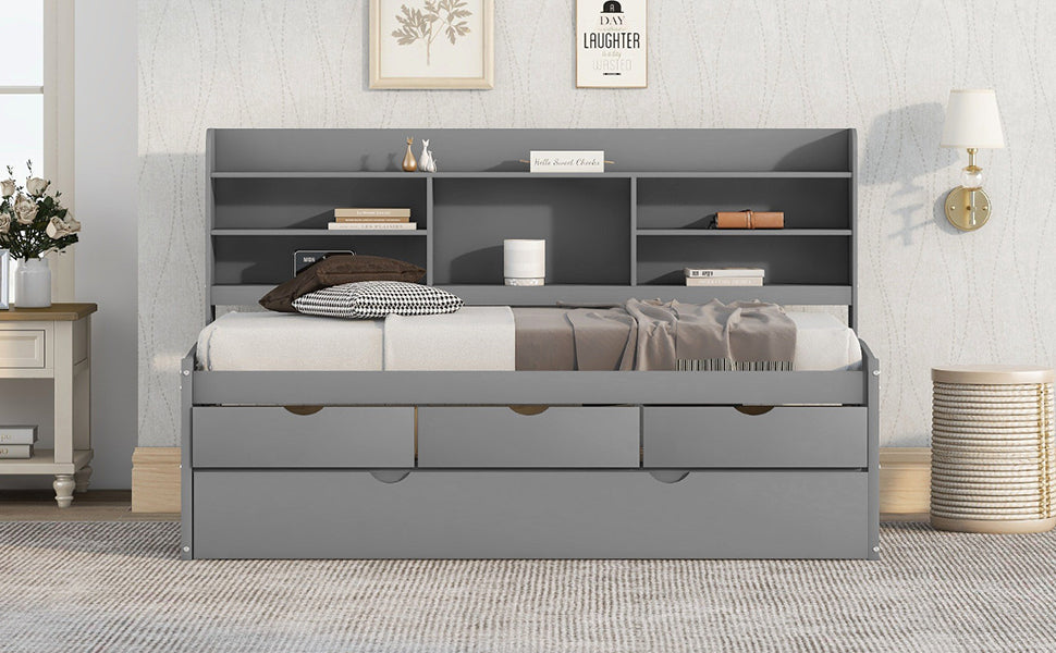 Twin Size Wooden Captain Bed with Built-in Bookshelves,Three Storage Drawers and Trundle Light Grey