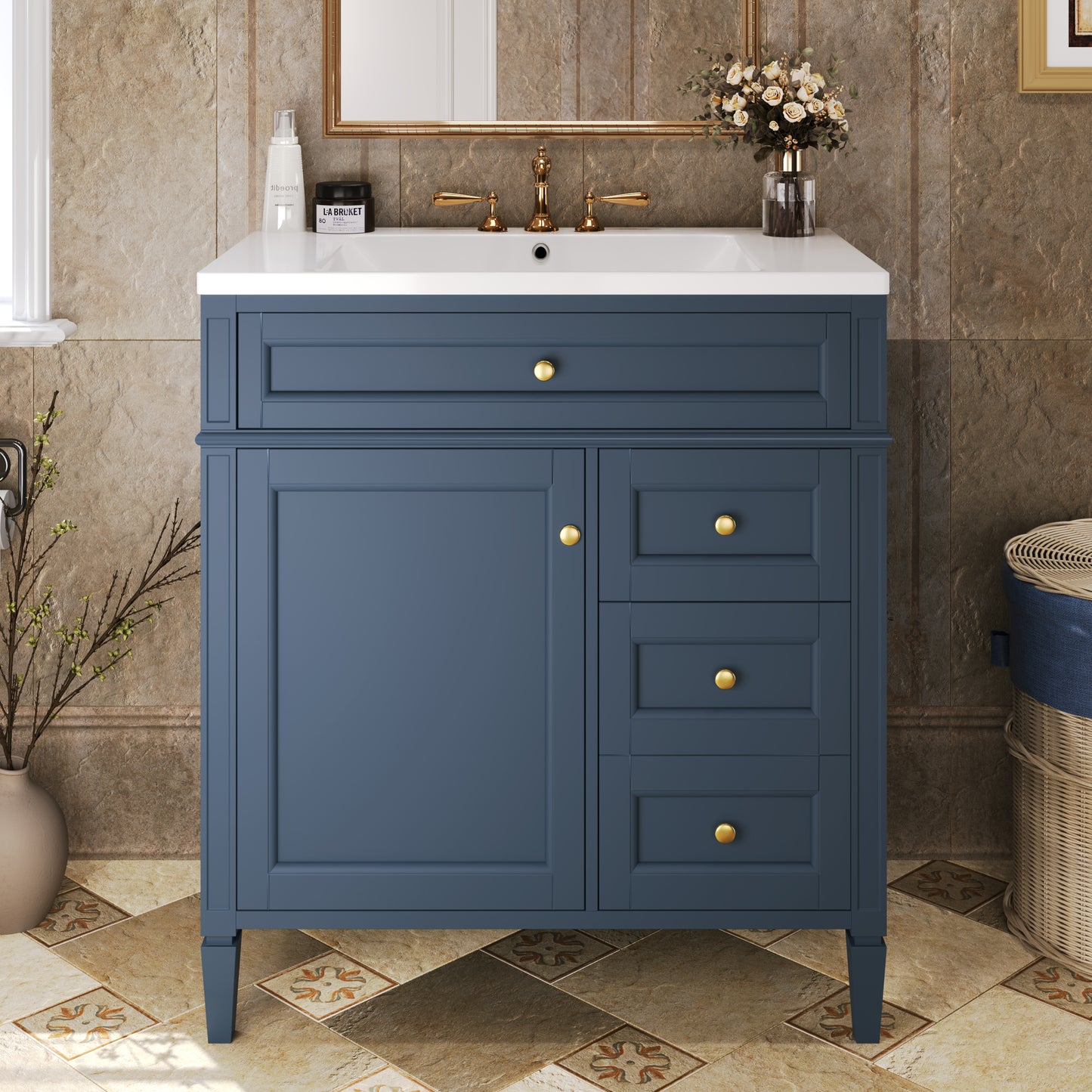 30 inch bathroom vanity with top sink, storage cabinet with 2 drawers and 1 drawer, single sink bathroom vanity