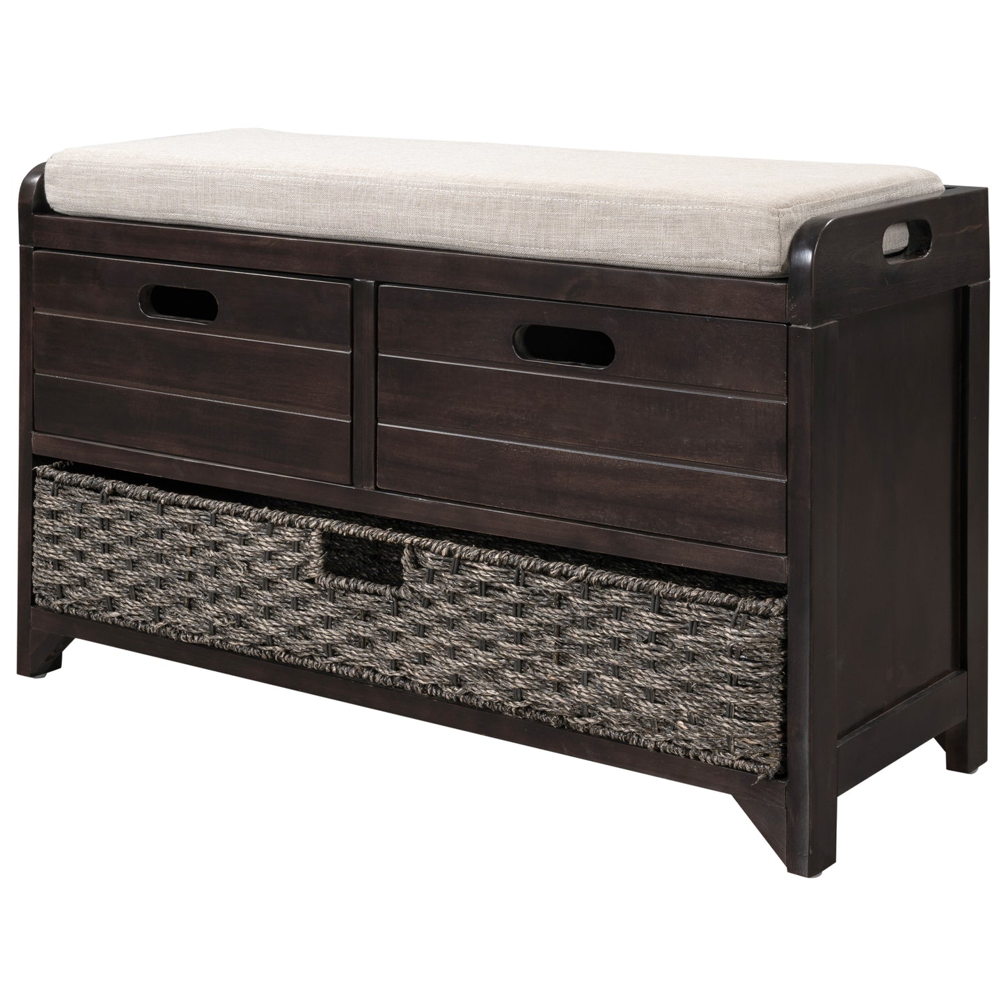 TREXM Storage Bench with Removable Basket and 2 Drawers, Fully Assembled Shoe Bench in Espresso Finish