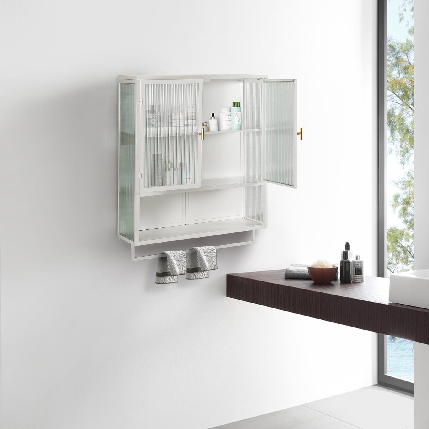 Glass Doors Modern Two-door Wall Cabinet with Featuring Two-tier Enclosed Storage an Open Shelf and Towel Rack