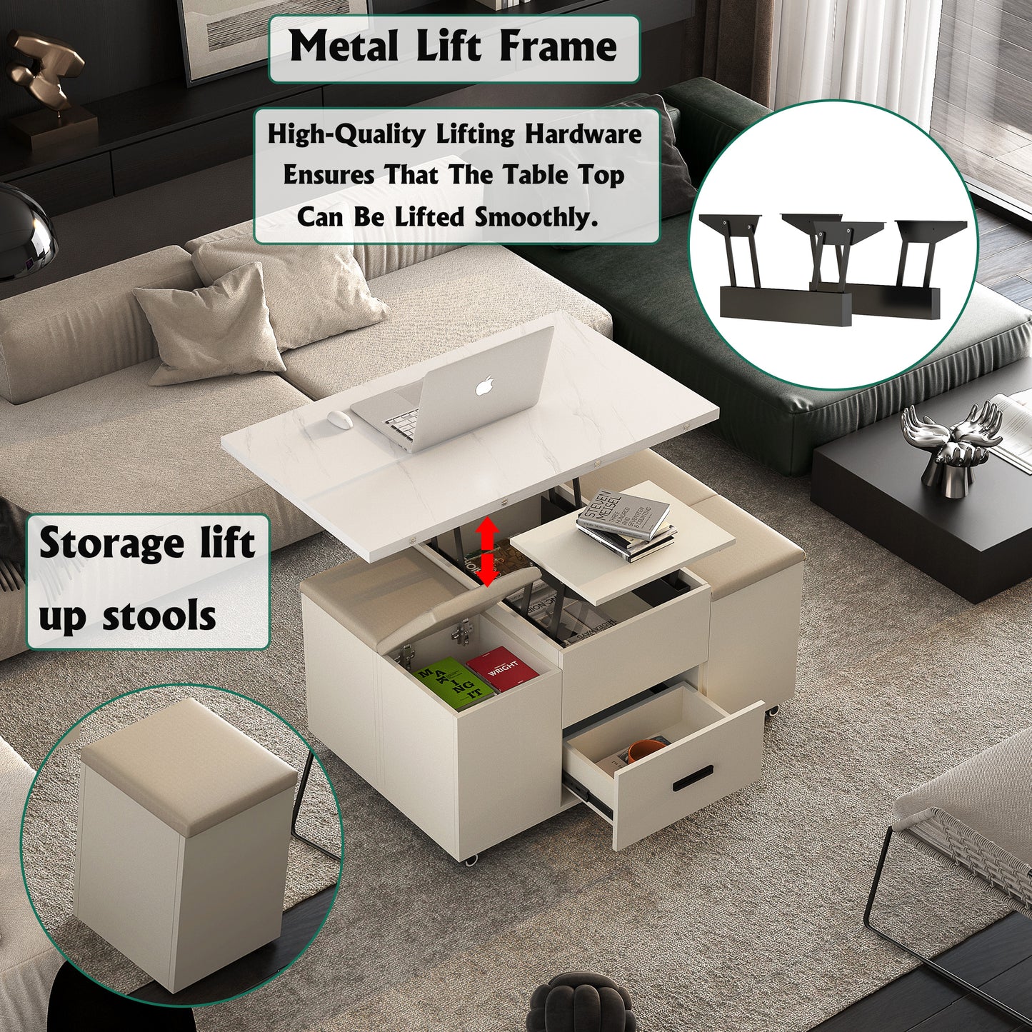 Mesa de centro elevable moderna con 4 sillas, diseño expandible con almacenamiento oculto y 2 cajones