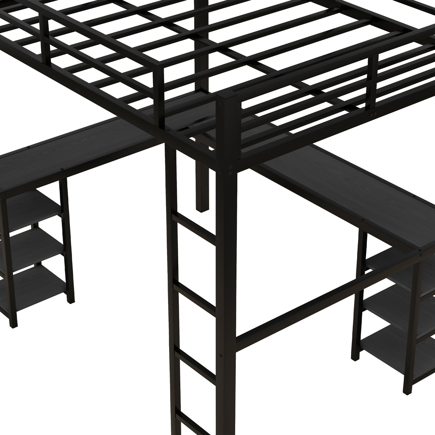 All metal loft bed with desk and shelf, loft bed with ladder and guardrail, black with black desk