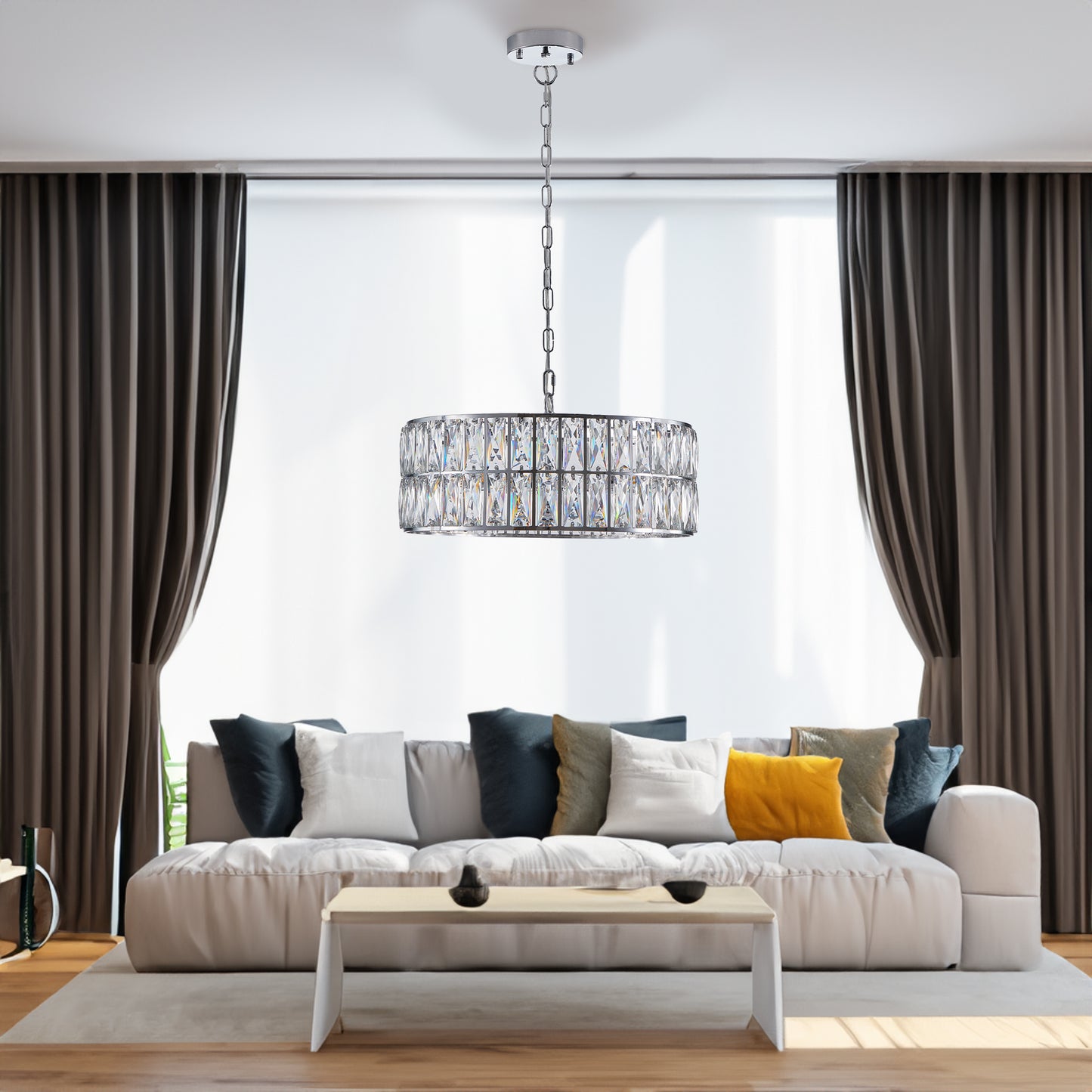 Modern crystal drum pendant light, 6-light pendant light, with silver metal frame (excluding light bulb)