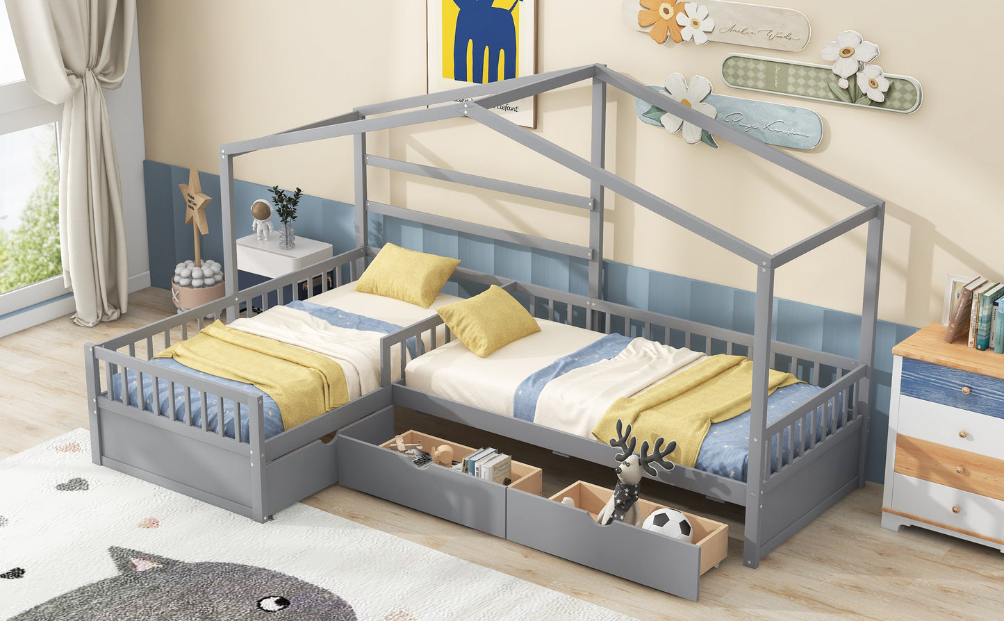 Twin Size House Platform Bed with Three Storage Drawers Gray