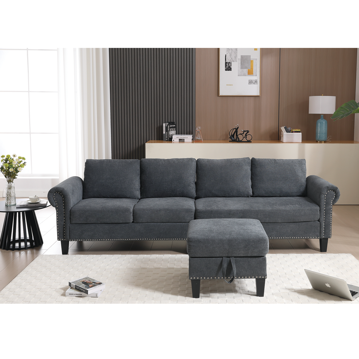 Convertible Sectional Sofa with Storage, L-Shaped Design in Modern Linen Fabric, Gray for Living Rooms