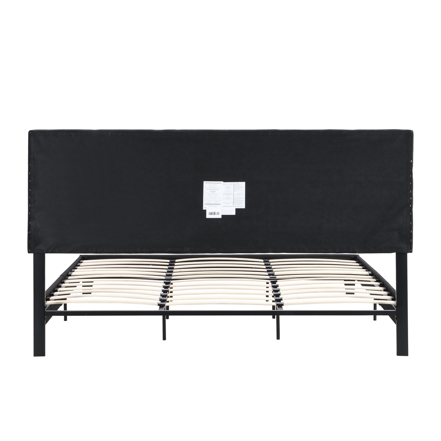 King Size Upholstered Platform Bed Frame with Linen Fabric Headboard BLACK