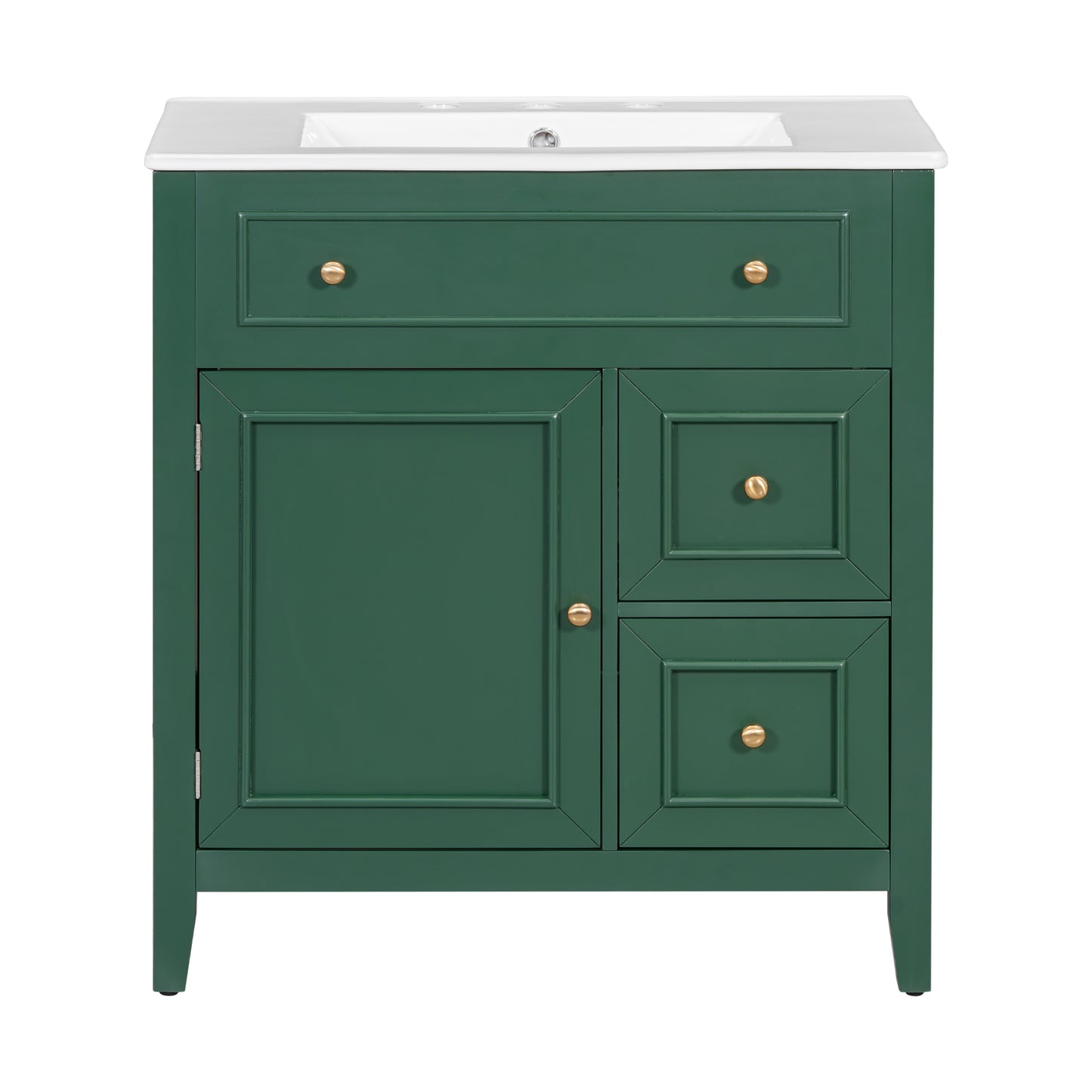 Mueble de baño de 30" con encimera de lavabo, armario de madera maciza con puerta y dos cajones, color verde