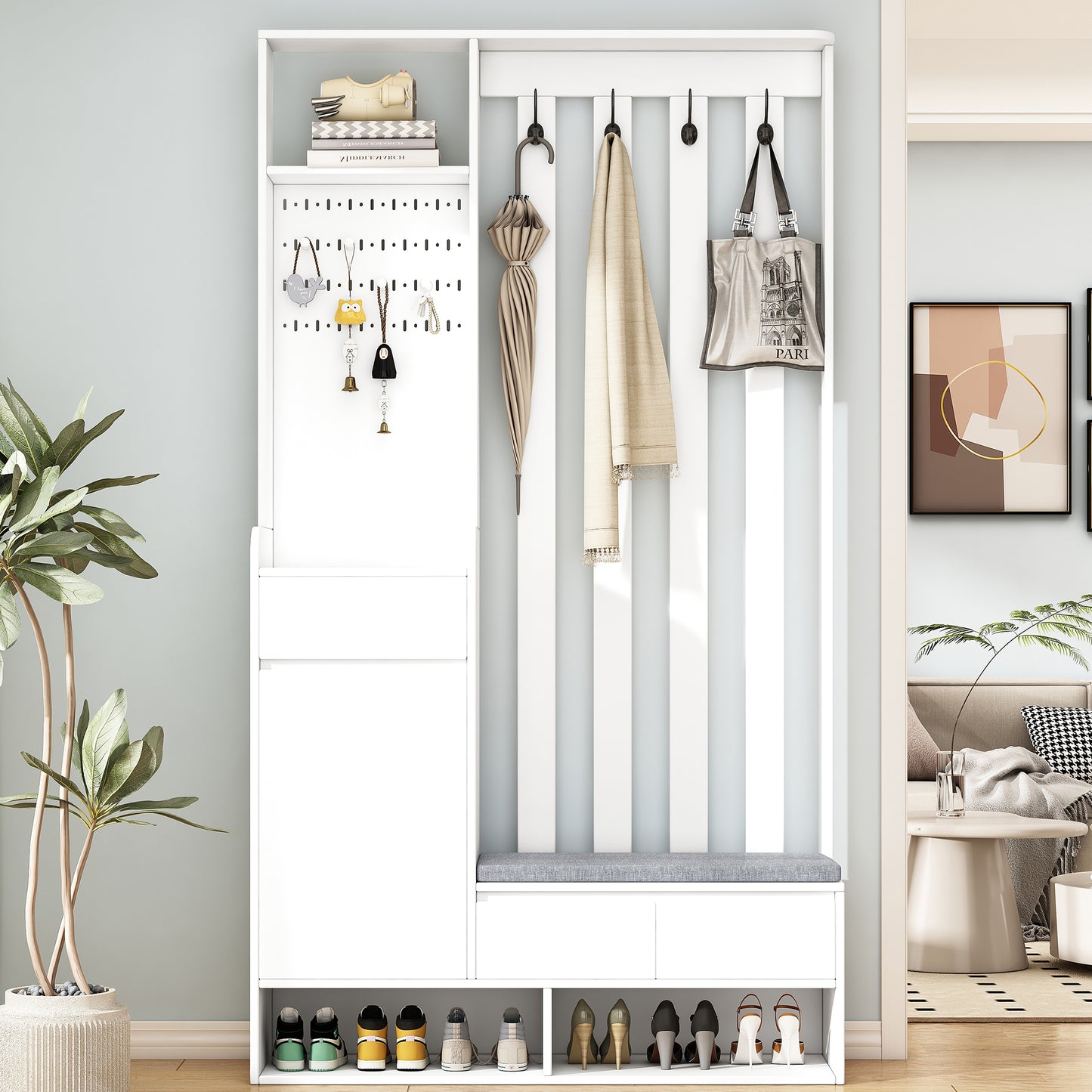 39.3"W x 70.8"H Multifunctional Corridor Shoe Cabinet with Soft Padded Nail Board and White Hanger