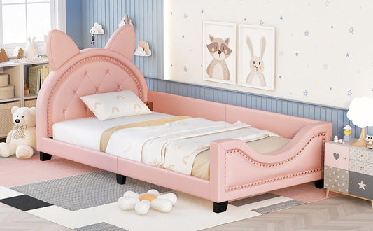 Twin Size Upholstered Daybed with Carton Ears Shaped Headboard  Pink