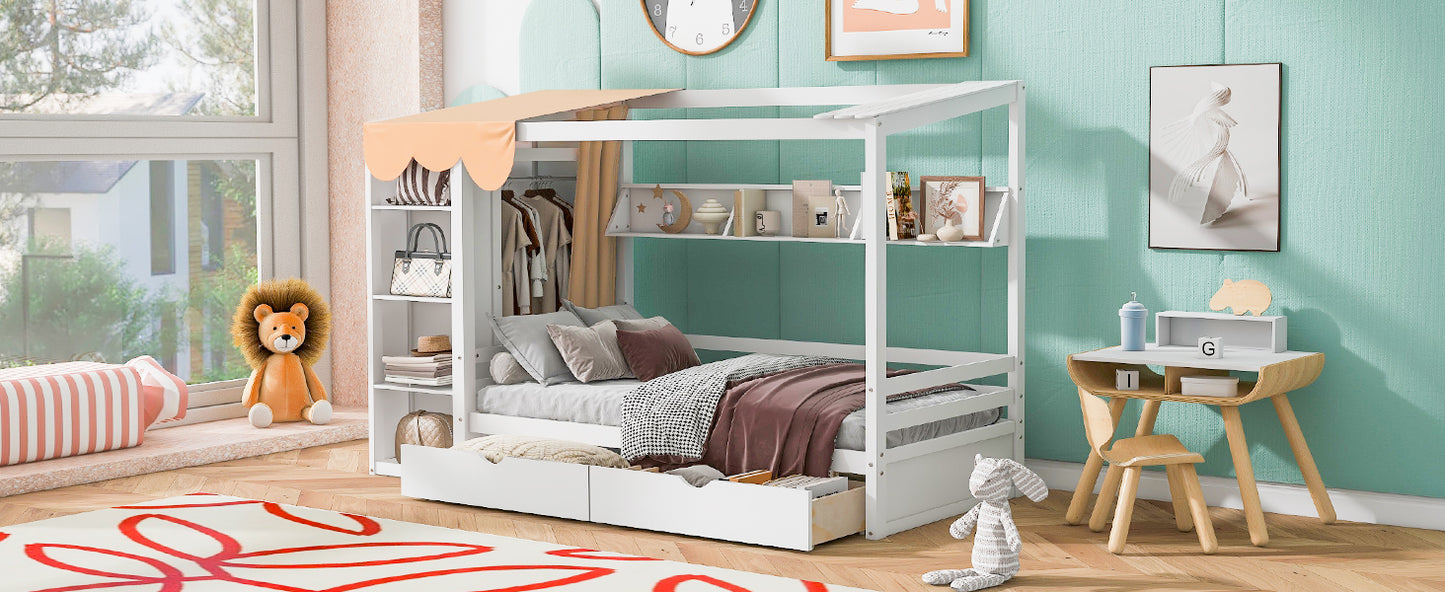 Twin size House Bed with Two Drawers and Wardrobe,White