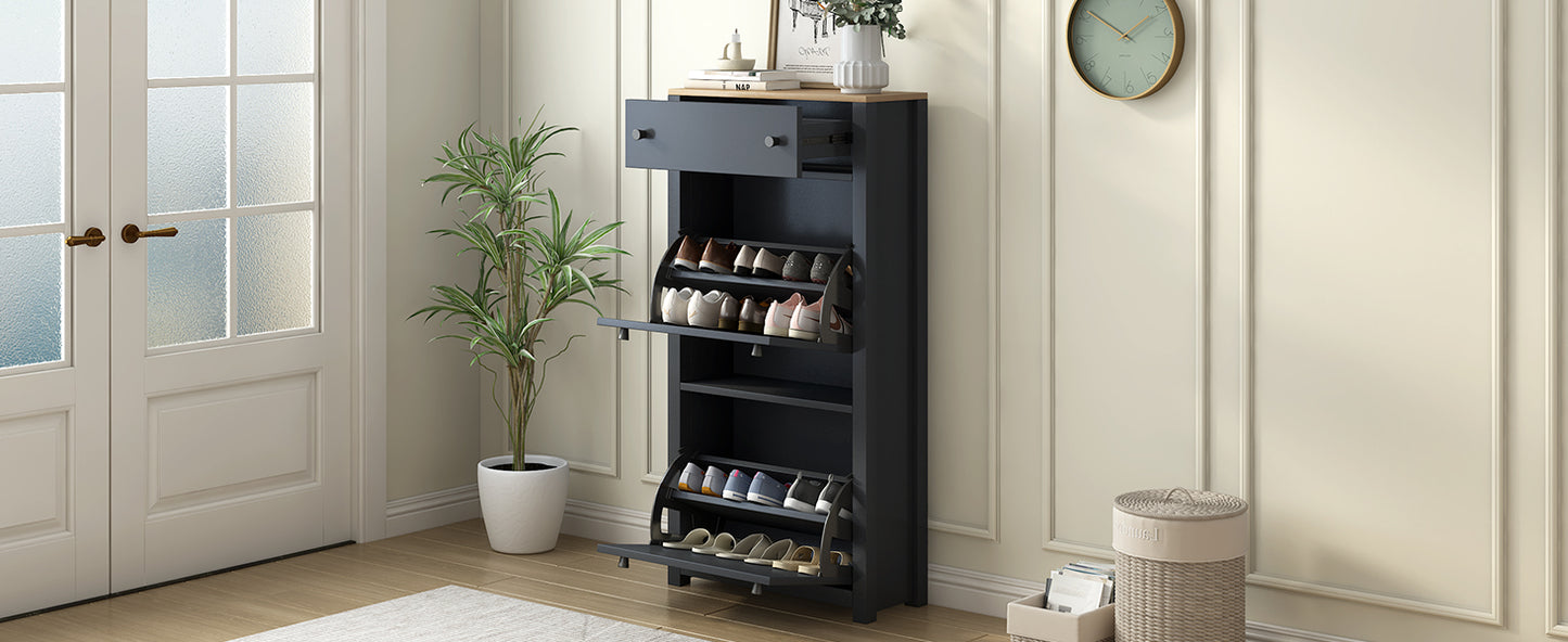 ONTREND with 2 flip drawers, top shoe cabinet with drawers, independent shoe rack with adjustable panel, for hallway use, black