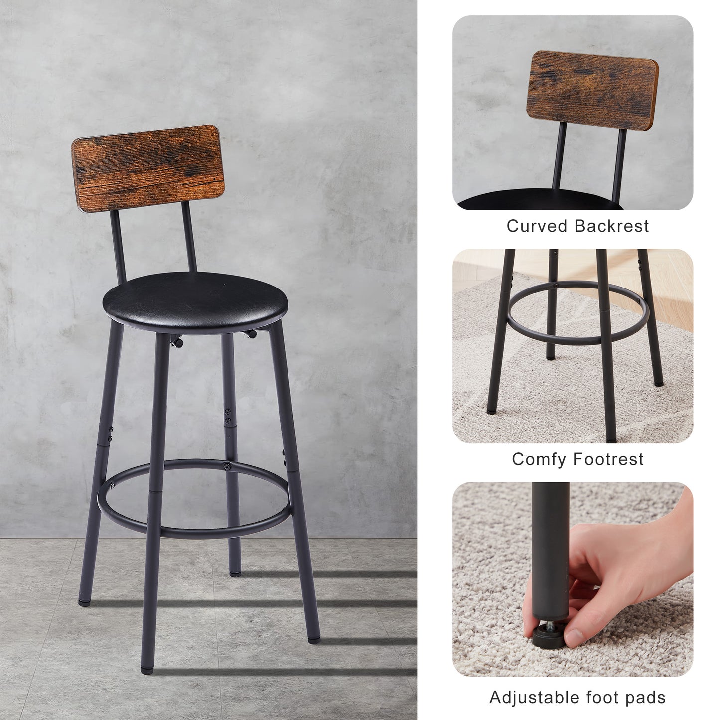 Round bar stool set with shelf upholstered stool with backrest Rustic Brown 23.62'' W x 23.62'' D x 35.43'' H