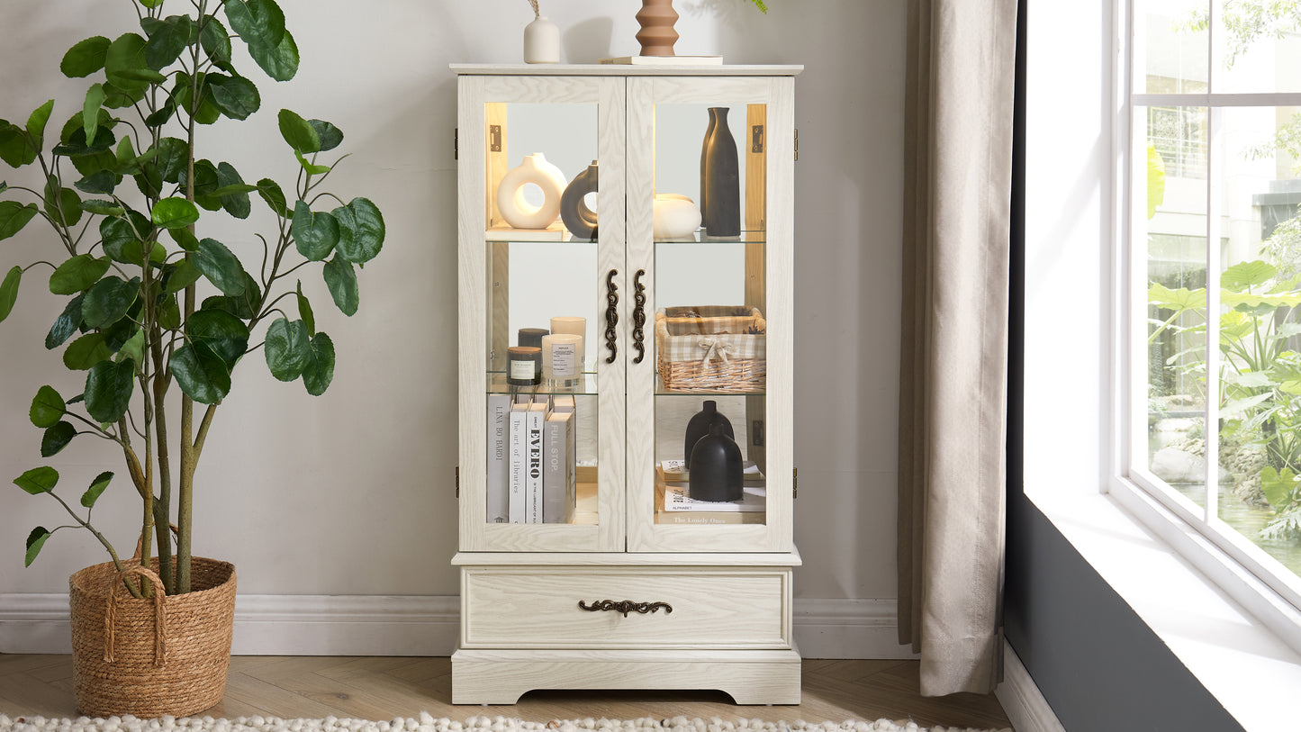 Light colored glass cabinet Curio display cabinet with adjustable glass frame, 2 doors and 1 drawer, including white light bulbs