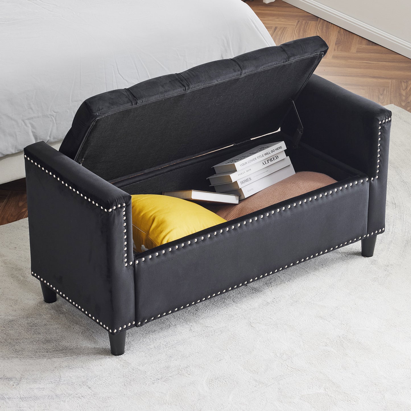 44.5-Inch Queen Velvet Storage Bench with Armrests and Nailhead Trim, Perfect for Entryways and Living Rooms, Black