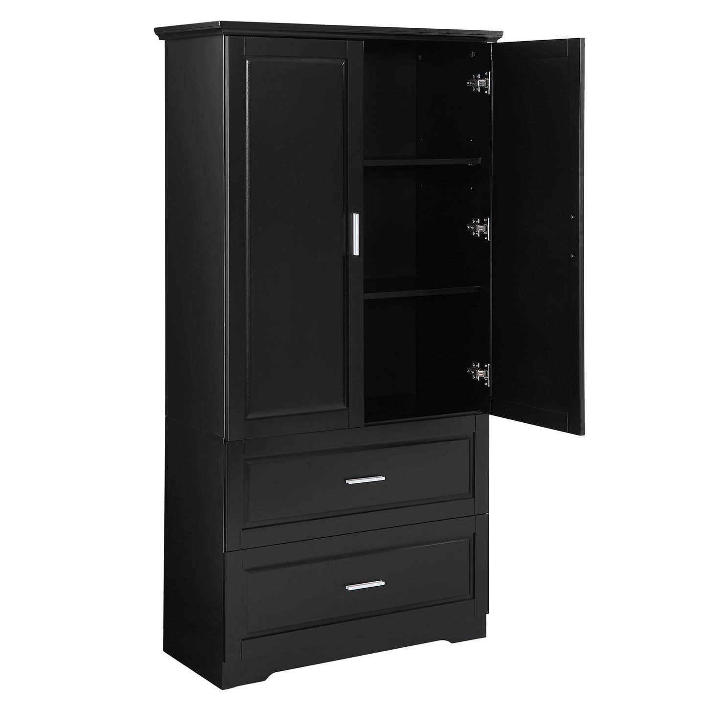 Tall Bathroom Storage Cabinet with Two Doors and Drawers, Adjustable Shelf, MDF Board, Black Finish