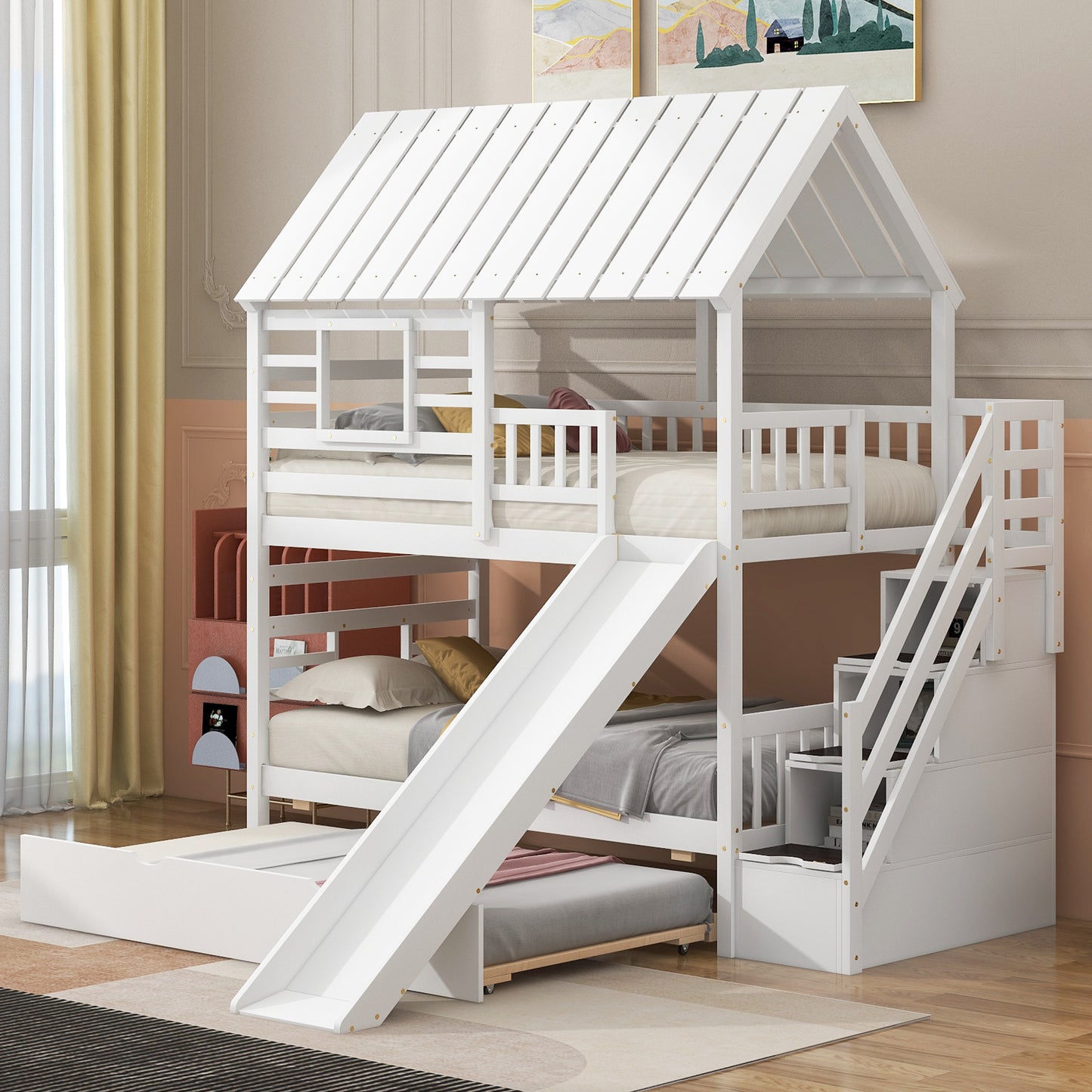 Twin over Twin House Bunk Bed with Trundle and Slide Storage Staircase Roof and Window Design  White