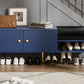 Modern Shoe Storage Bench with Hidden Storage and Upholstered Cushions, Navy Finish