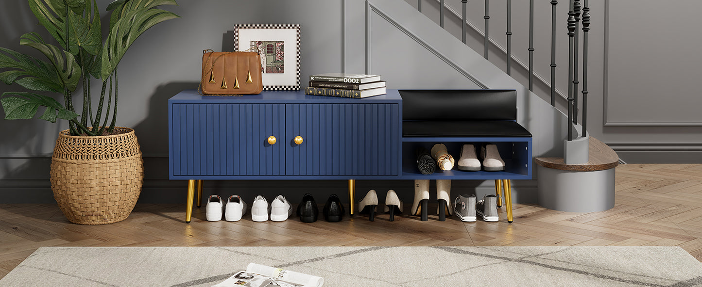 Modern Shoe Storage Bench with Hidden Storage and Upholstered Cushions, Navy Finish