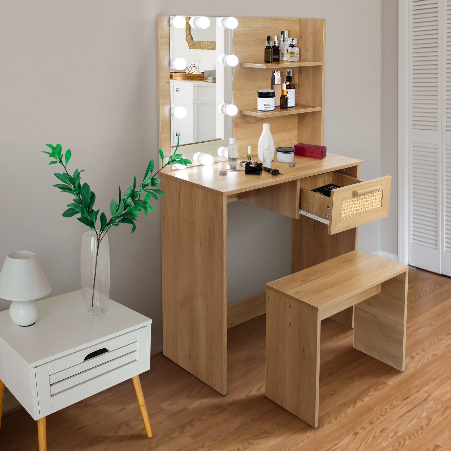 Vanity Desk Set Stool & Dressing Table with LED Lighting Mirror Drawer and Wood Cosmetic Table Chest of Drawers Nature Color