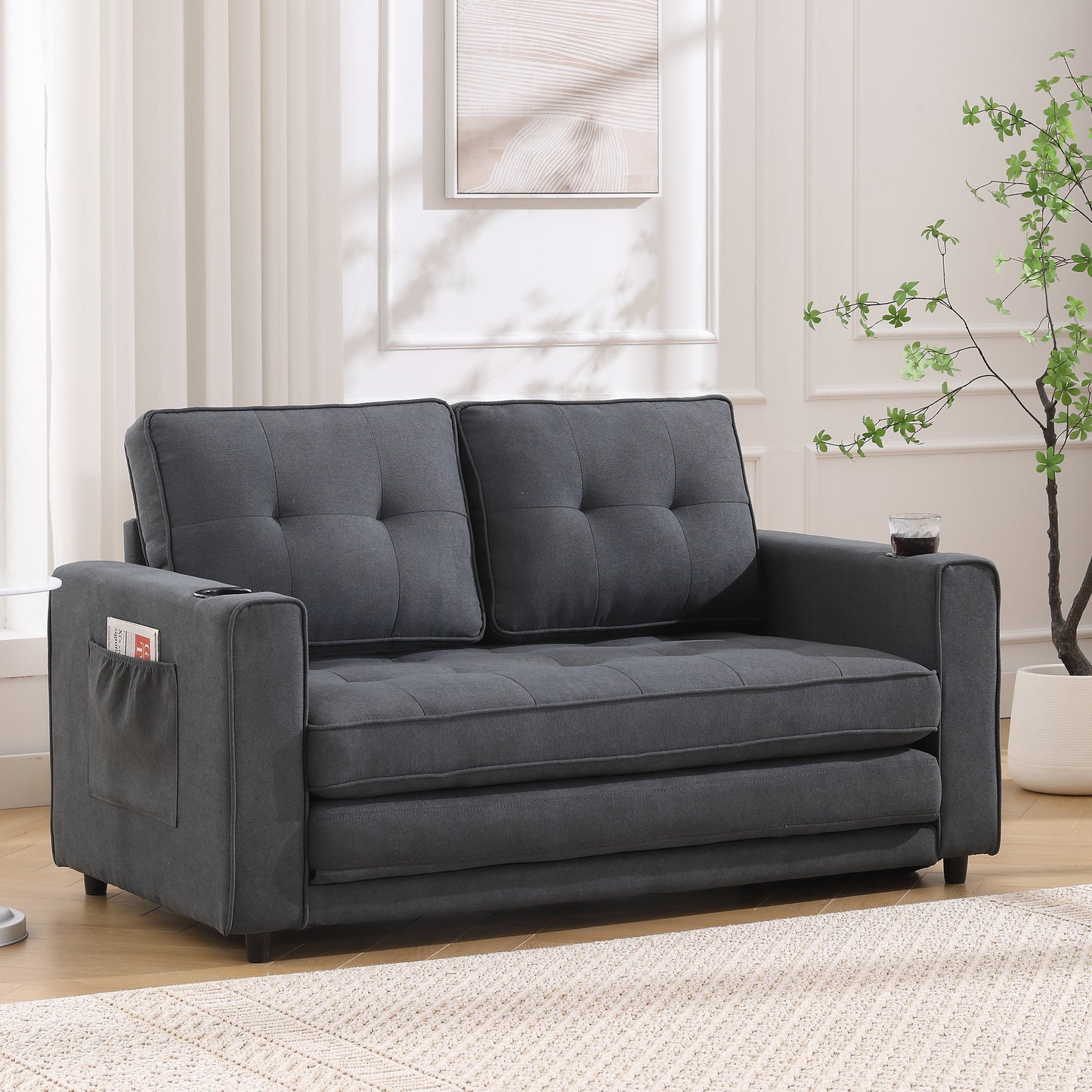 Three in one soft cushion cushion cushion sofa, folding mattress sofa bed, with side pockets and cup holder, dark gray