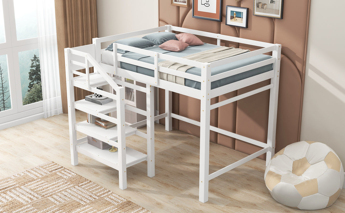 Cama alta de tamaño completo con escalera de almacenamiento incorporada y percha para ropa, acabado blanco