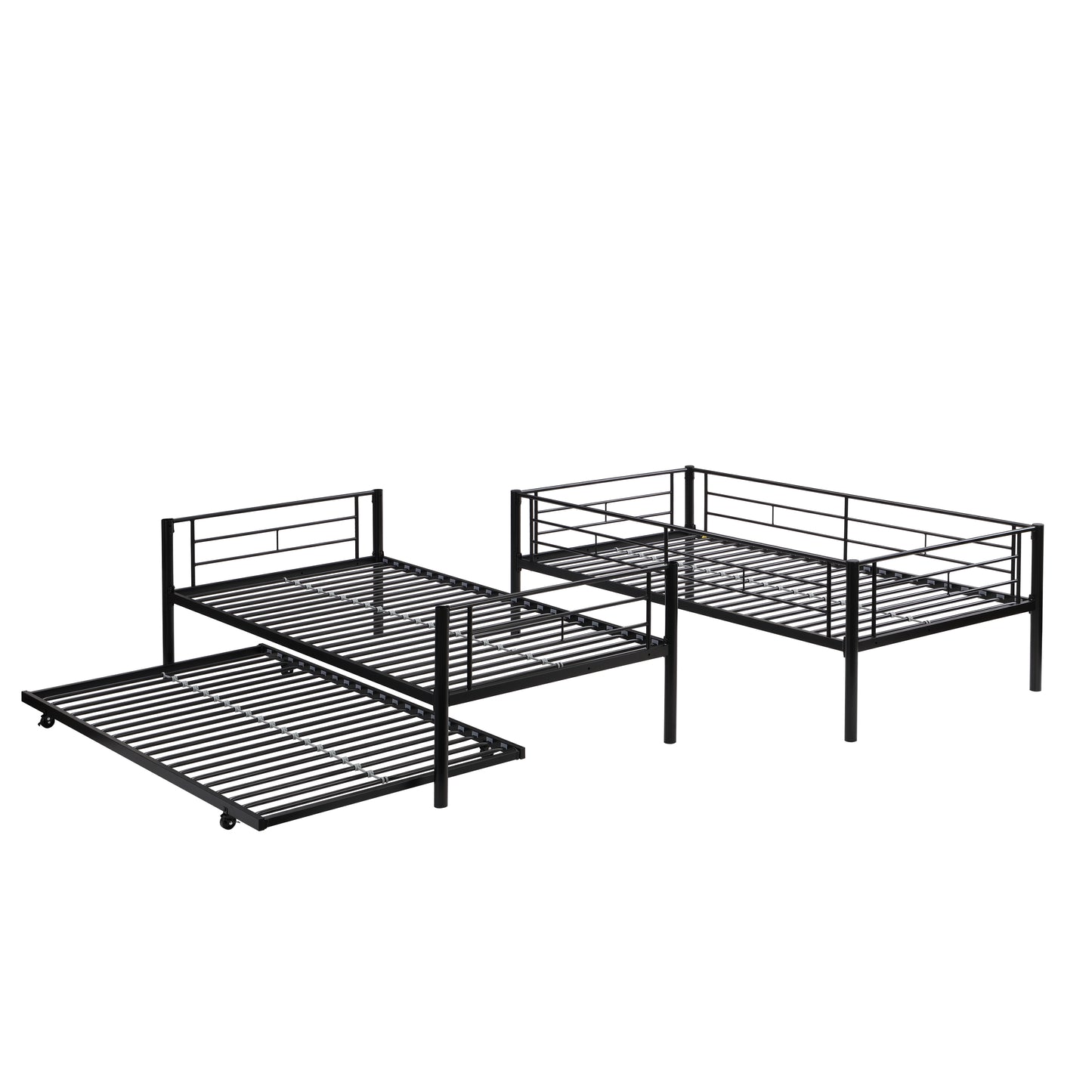 Twin bunk bed frame with trailer, metal bunk bed with sturdy guardrail and side ladder, can be divided into two beds, black