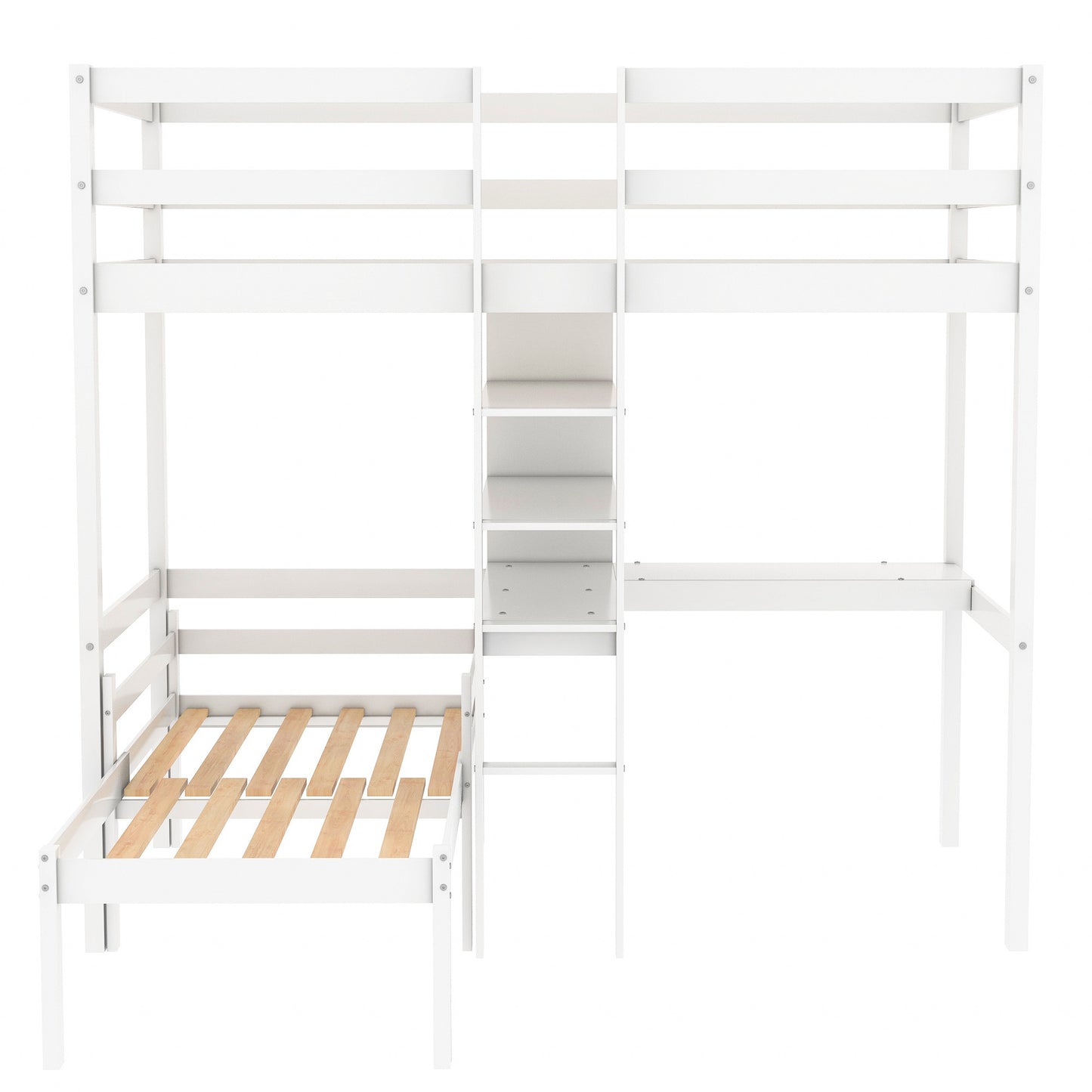 Convertible Loft Bed with L-Shape Desk, Twin Bunk Bed with Shelves and Ladder White